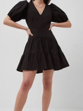 French Connection Black Puff-Sleeve Tiered Dress